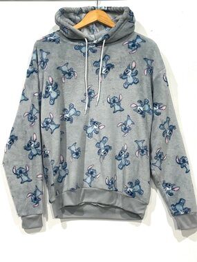 Plush Grey Stitch-Print Hooded Sweatshirt